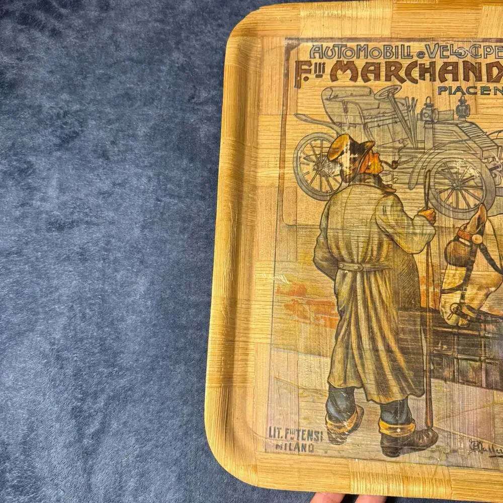 Vintage Automobili E Velocipedi F.lli Marchand Piacenza Woven Bamboo ServingTray